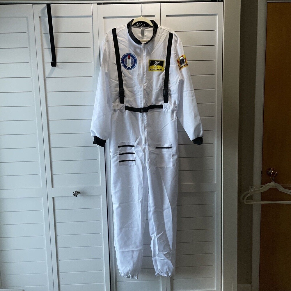 Astronaut Costume Adult Medium Jumpsuit White Colorful Patches Elastic Waist